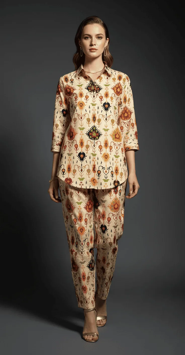 Vintage Cream Heritage Printed Co-Ord Set for Women