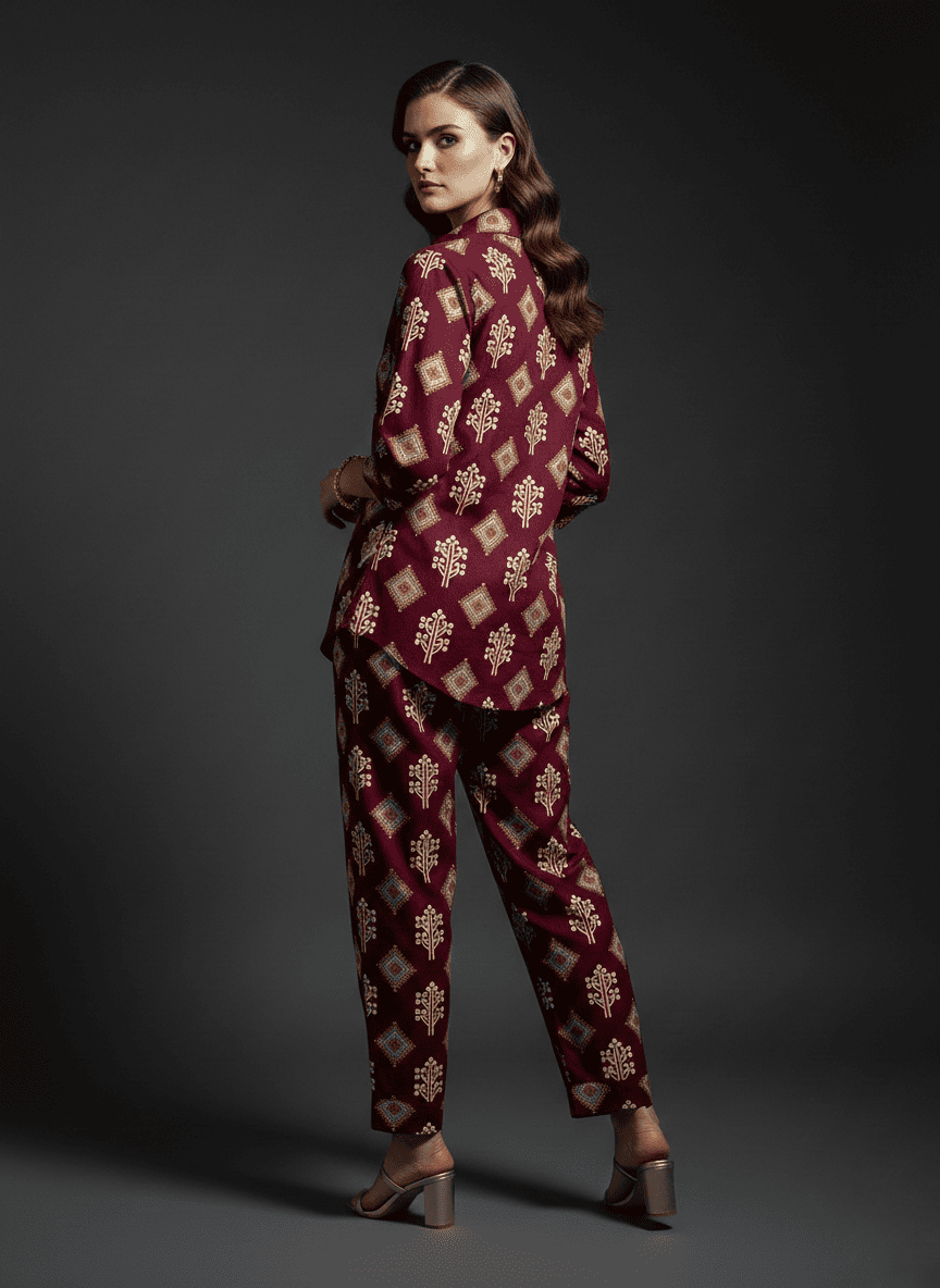 Vintage Cream Heritage Printed Co-Ord Set for Women - Image 4