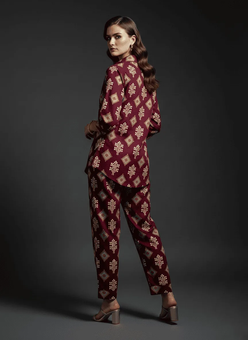 Vintage Cream Heritage Printed Co-Ord Set for Women