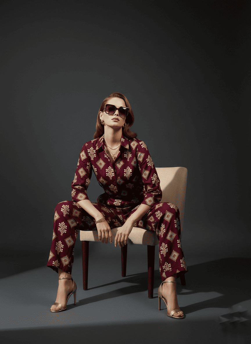 Vintage Cream Heritage Printed Co-Ord Set for Women - Image 3