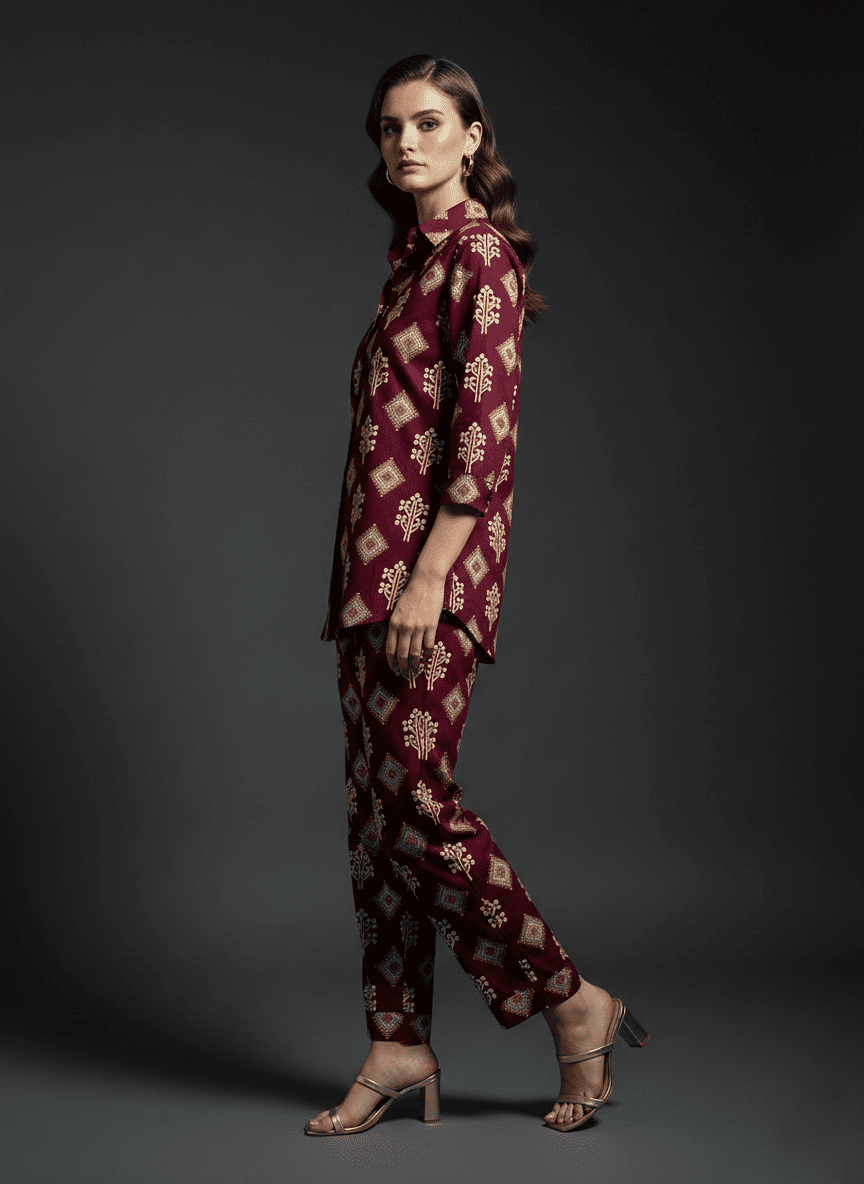 Vintage Cream Heritage Printed Co-Ord Set for Women - Image 2