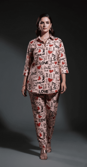 Love Print Beige Co-Ord Set for Women