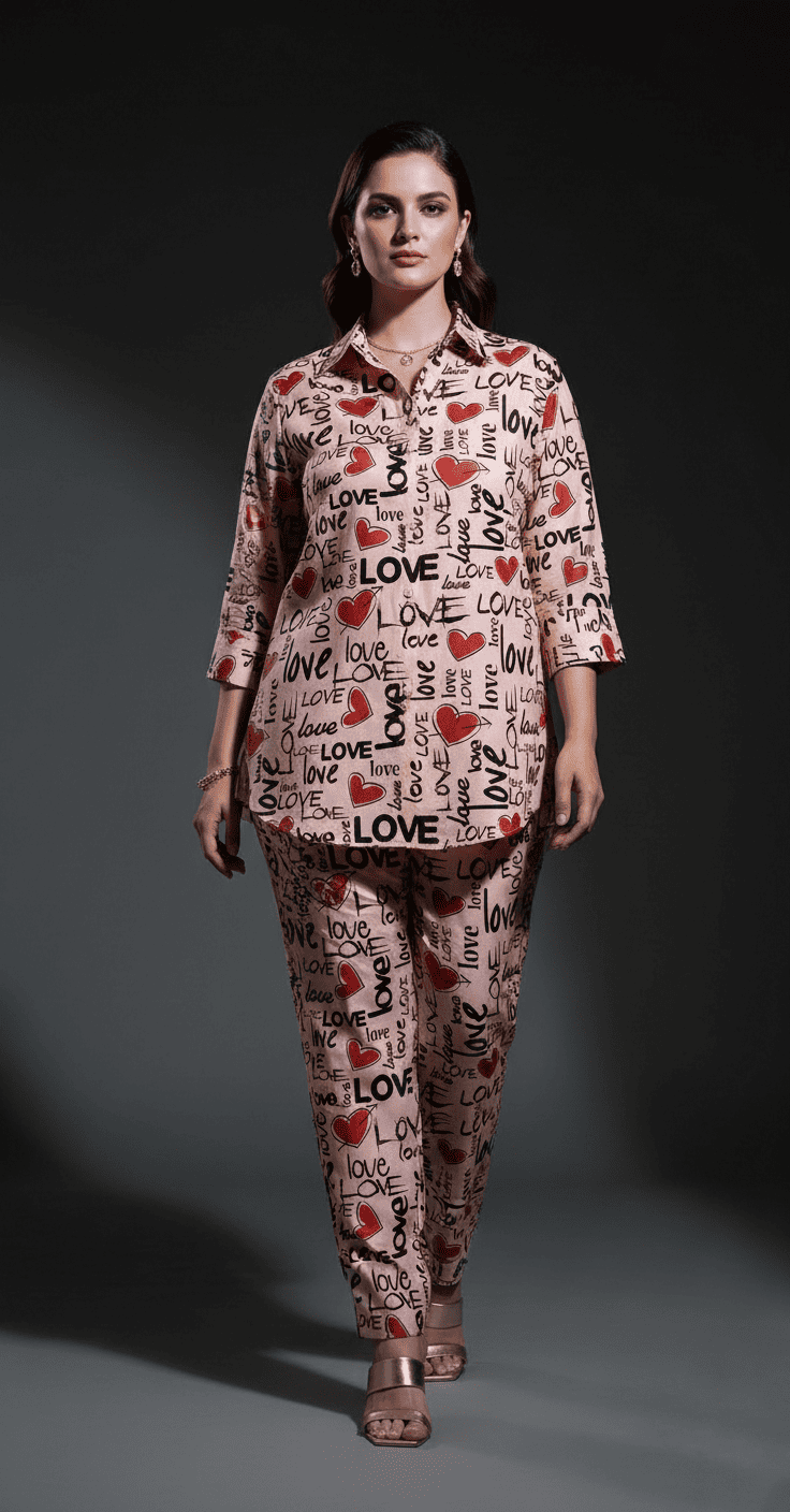 Love Print Beige Co-Ord Set for Women