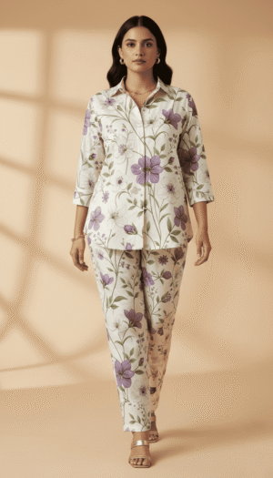 Elegant Ivory & Lavender Floral Printed Co-Ord Set for Women