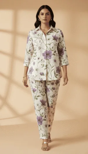Elegant Ivory & Lavender Floral Printed Co-Ord Set for Women