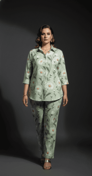 Elegant Sage Green Daisy Printed Co-Ord Set for Women