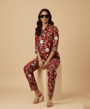Elegant Maroon Floral Printed Co-Ord Set for Women