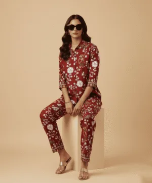 Elegant Maroon Floral Printed Co-Ord Set for Women