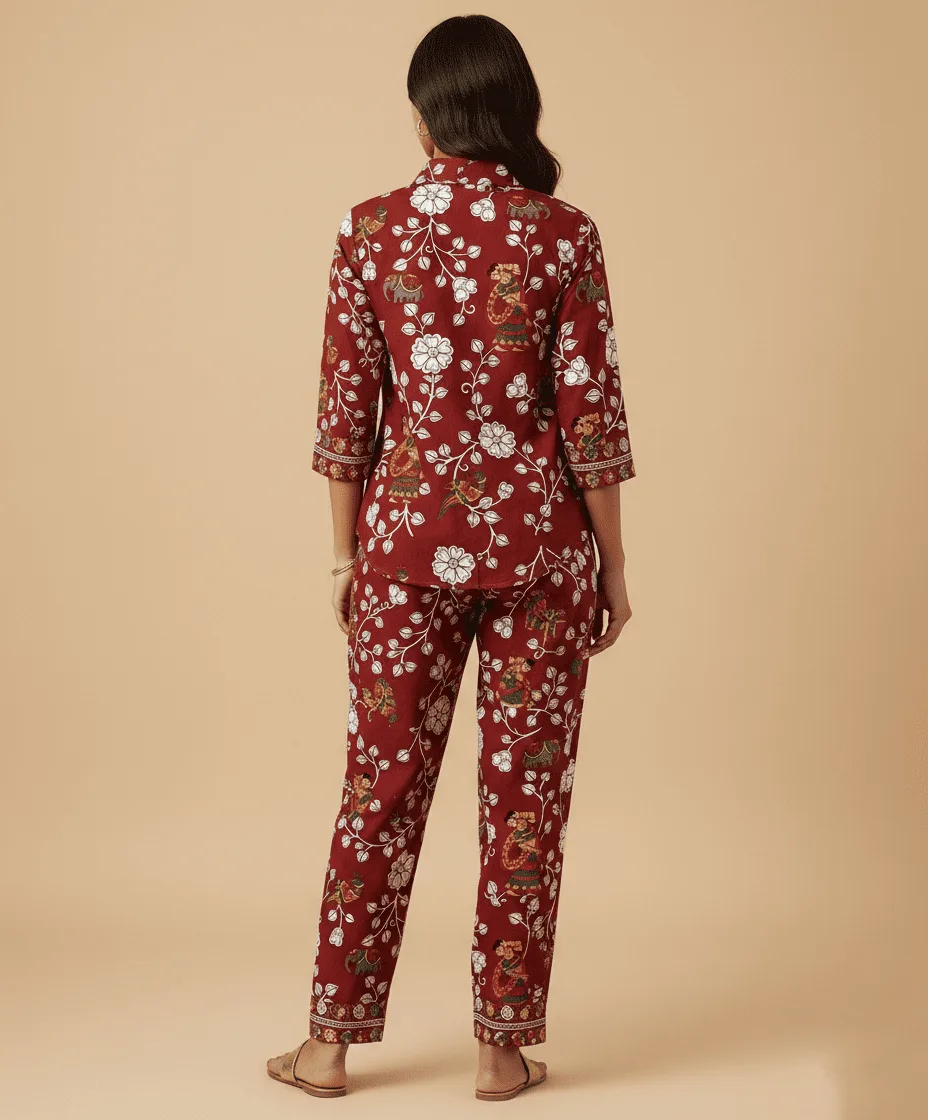 Elegant Maroon Floral Printed Co-Ord Set for Women