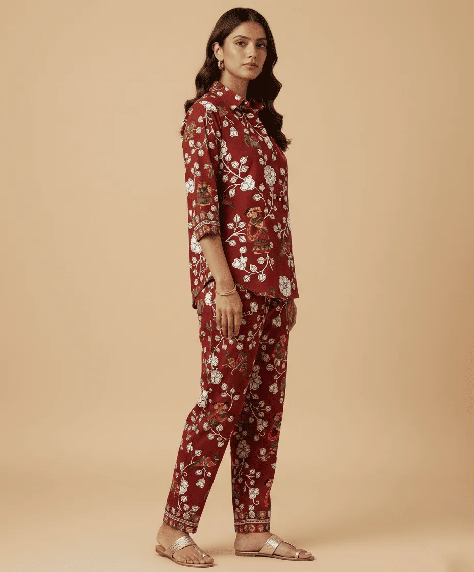 Elegant Maroon Floral Printed Co-Ord Set for Women