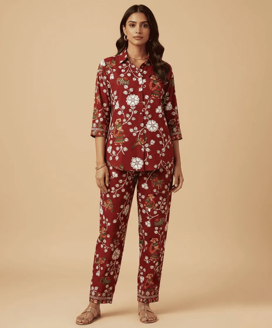 Elegant Maroon Floral Printed Co-Ord Set for Women