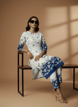 Elegant Blue Floral Printed Kurta Set for Women