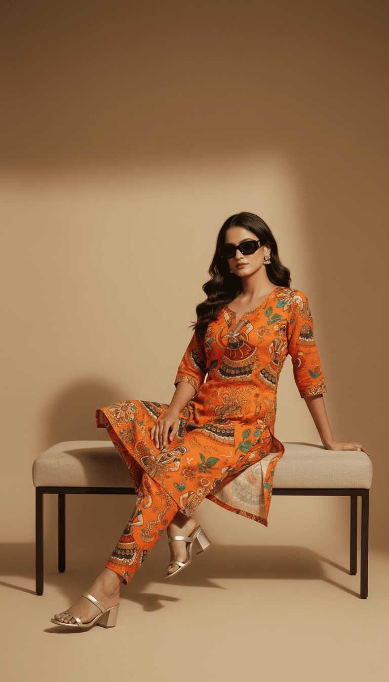 Royal Orange Printed Kurta Set for Women