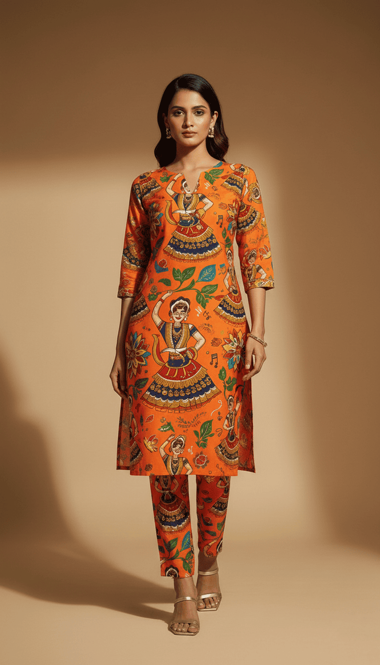 Royal Orange Printed Kurta Set for Women - Image 2