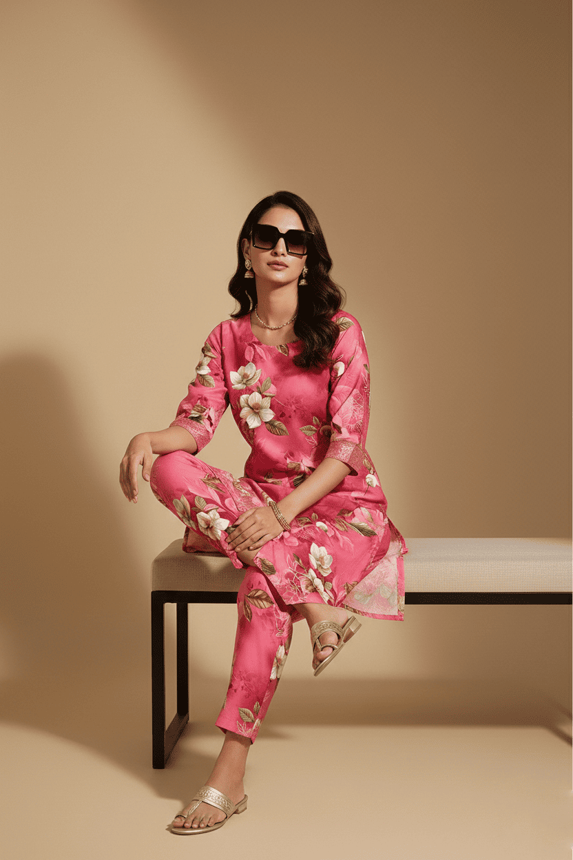 Pink Floral Print Kurta Pant Set