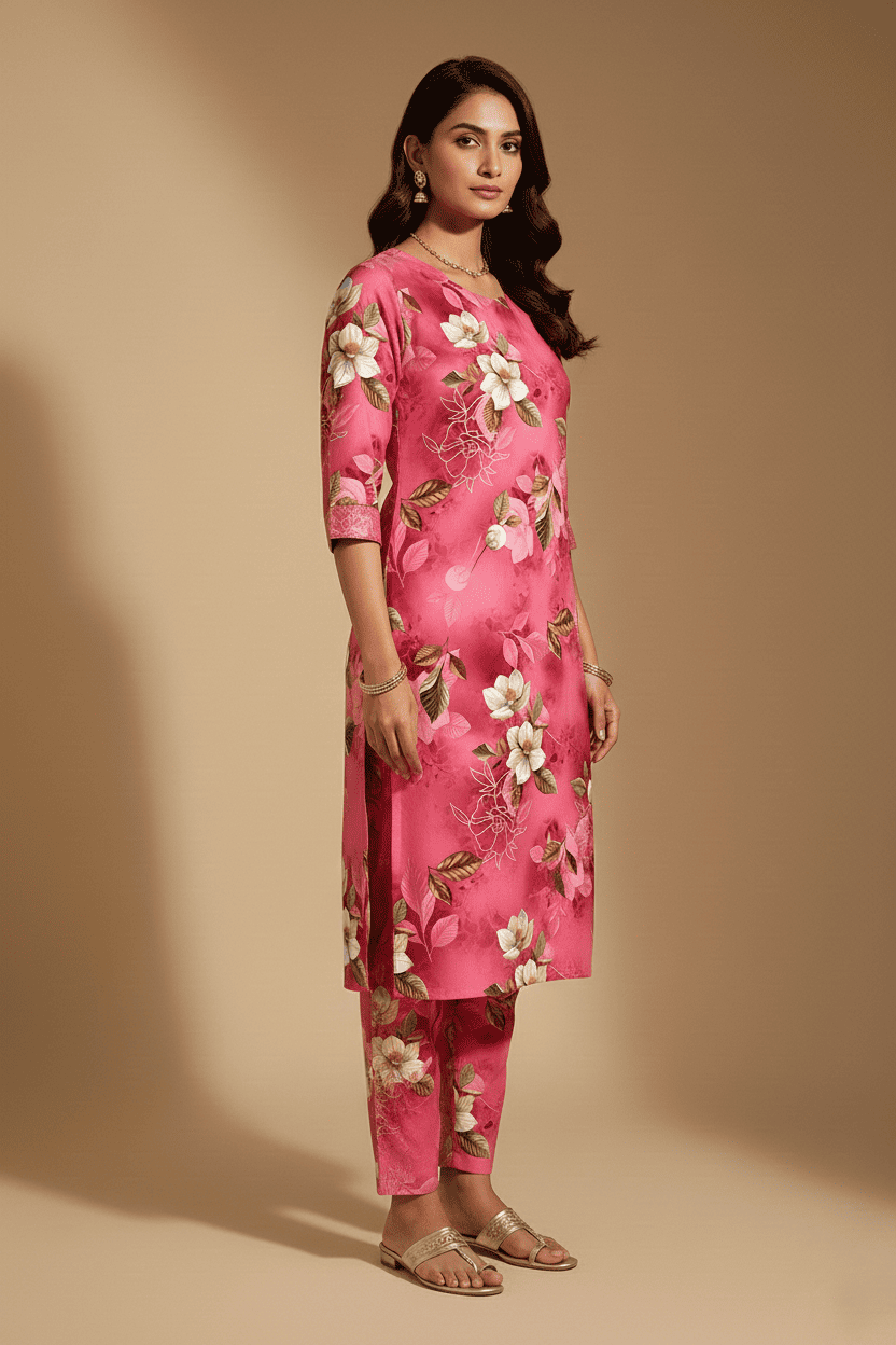 Pink Floral Print Kurta Pant Set - Image 4