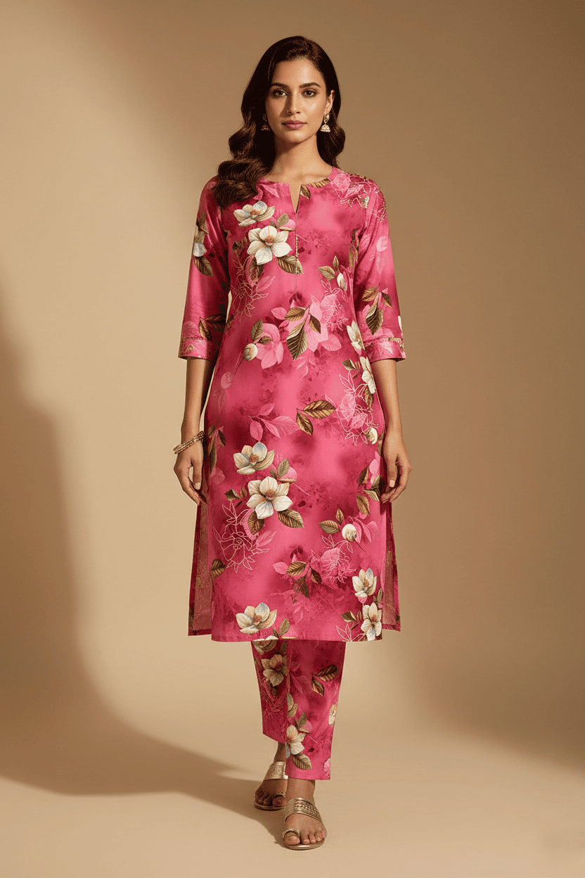 Pink Floral Print Kurta Pant Set - Image 2