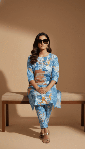 Blue Artistic Print Kurta Pant Set