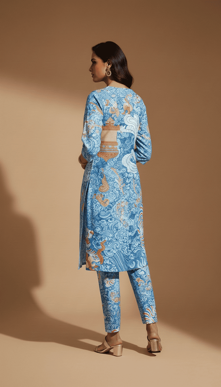 Blue Artistic Print Kurta Pant Set - Image 2