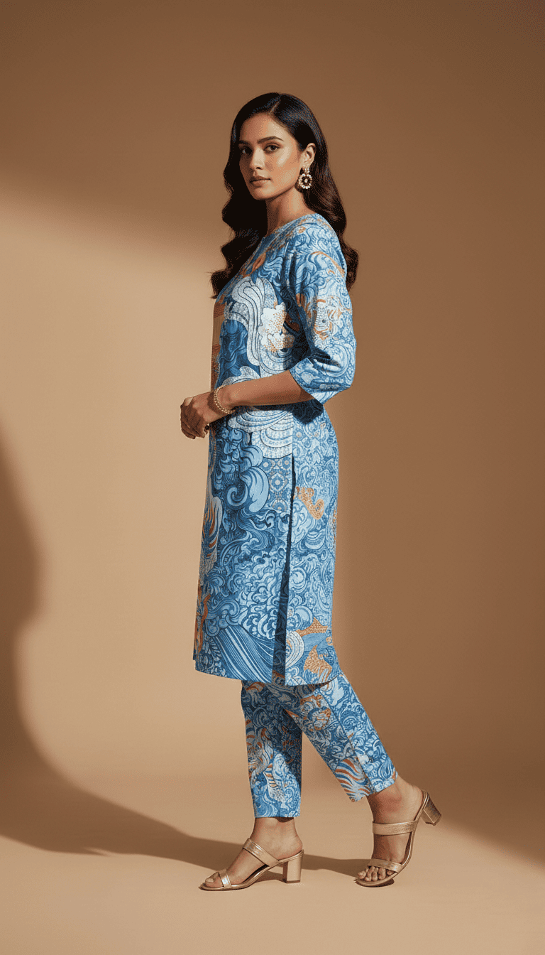 Blue Artistic Print Kurta Pant Set - Image 3