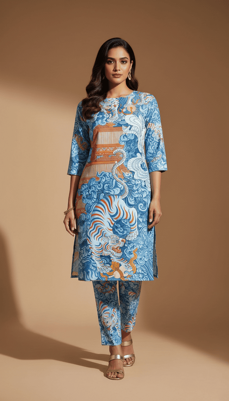 Blue Artistic Print Kurta Pant Set - Image 4
