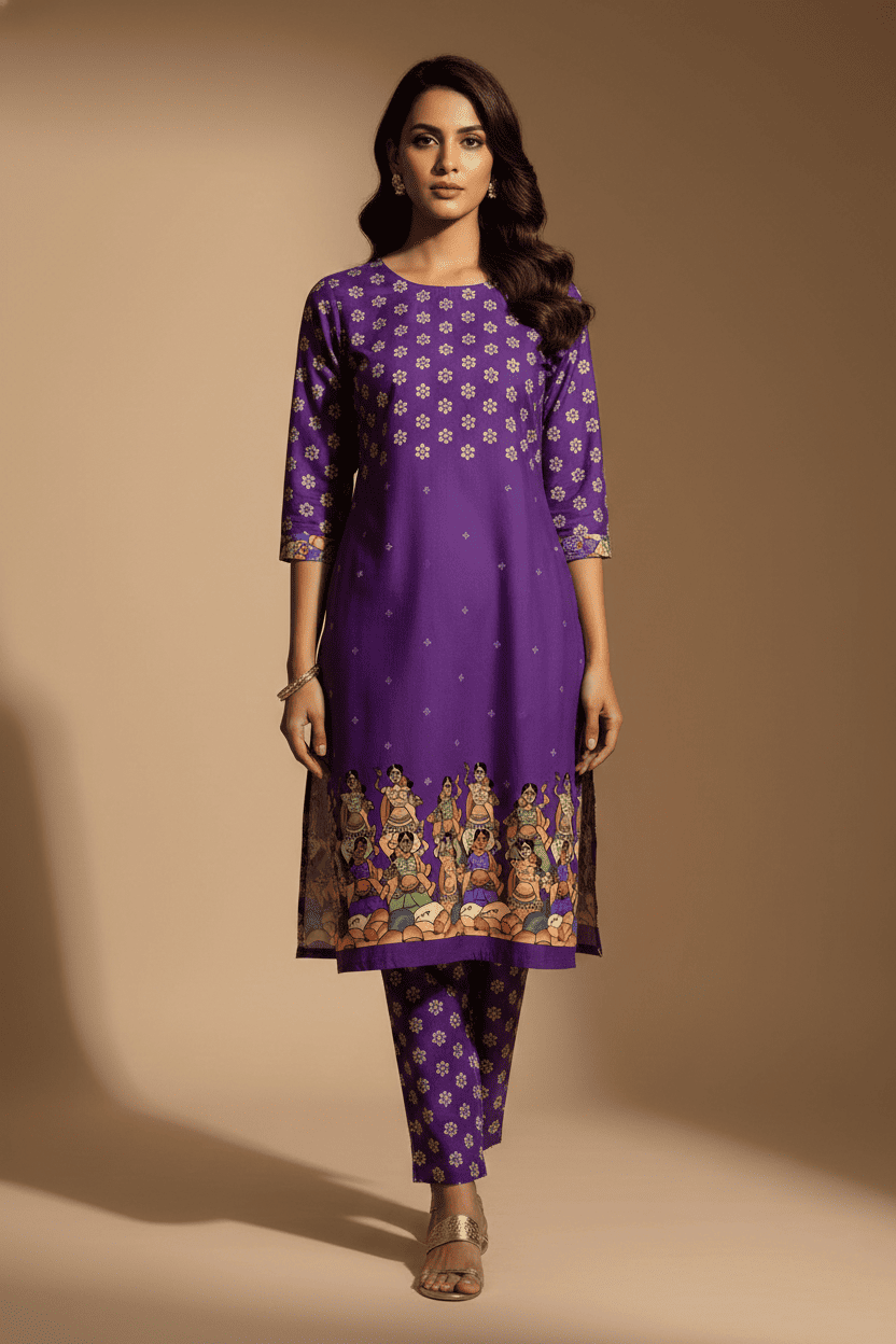 Royal Purple Kalamkari Print Kurta Set - Image 2