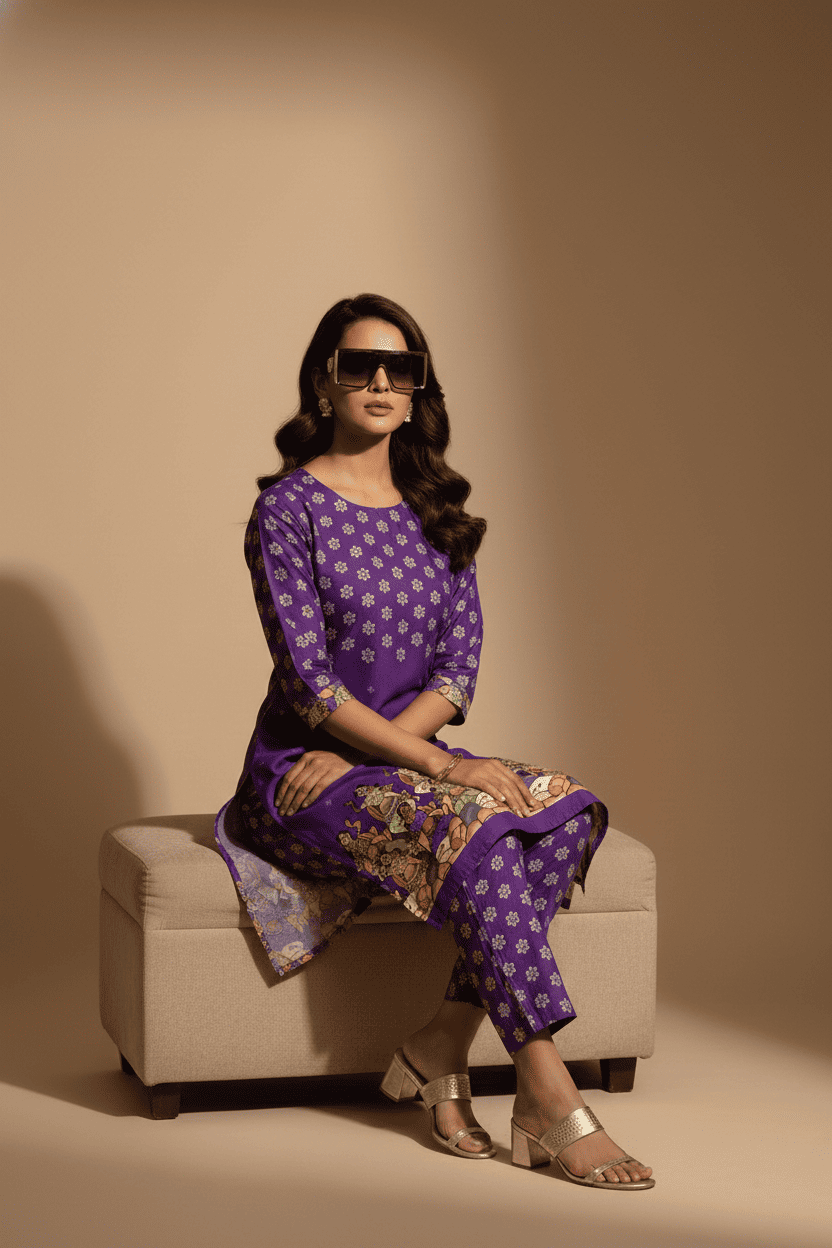 Royal Purple Kalamkari Print Kurta Set - Image 3