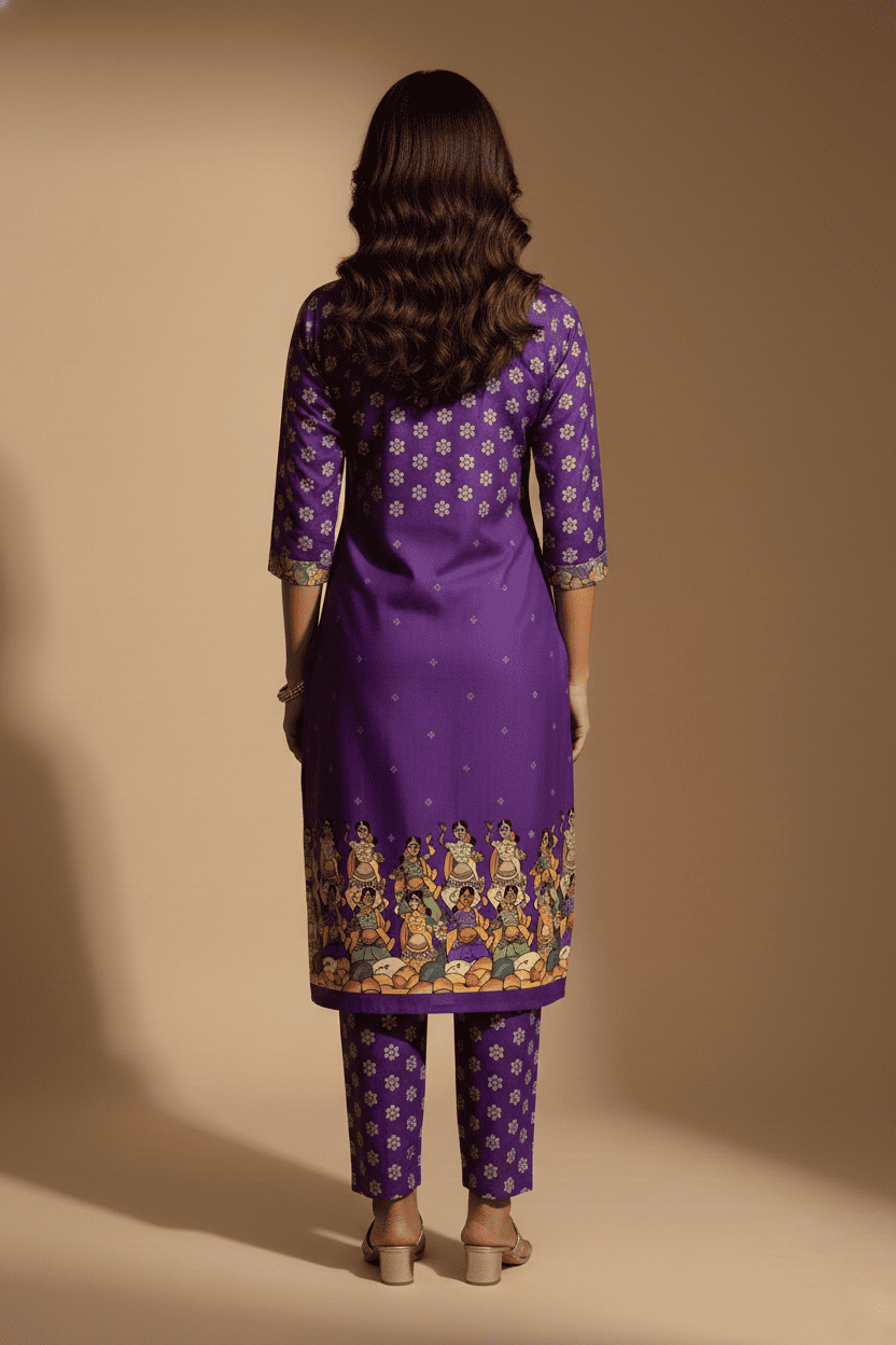 Royal Purple Kalamkari Print Kurta Set - Image 4