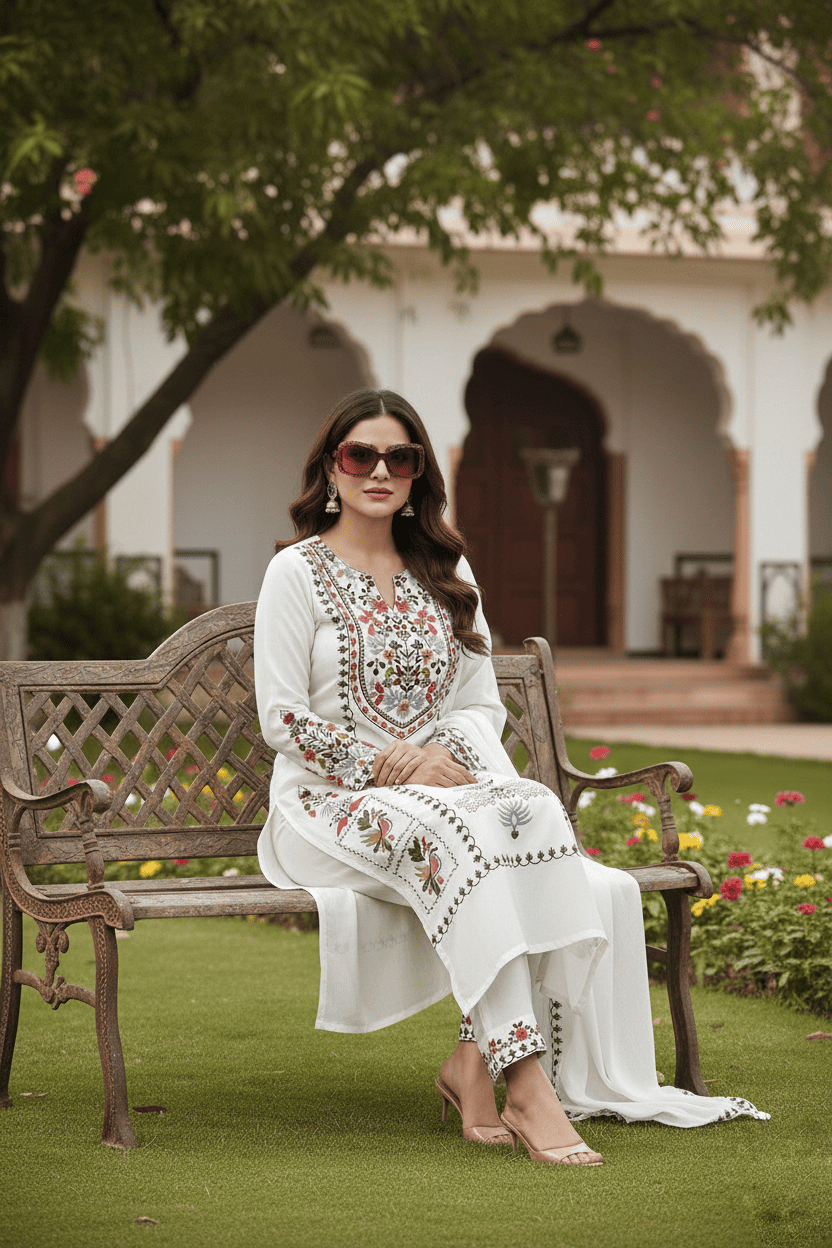 Elegant White Embroidered Kurta Set with Dupatta