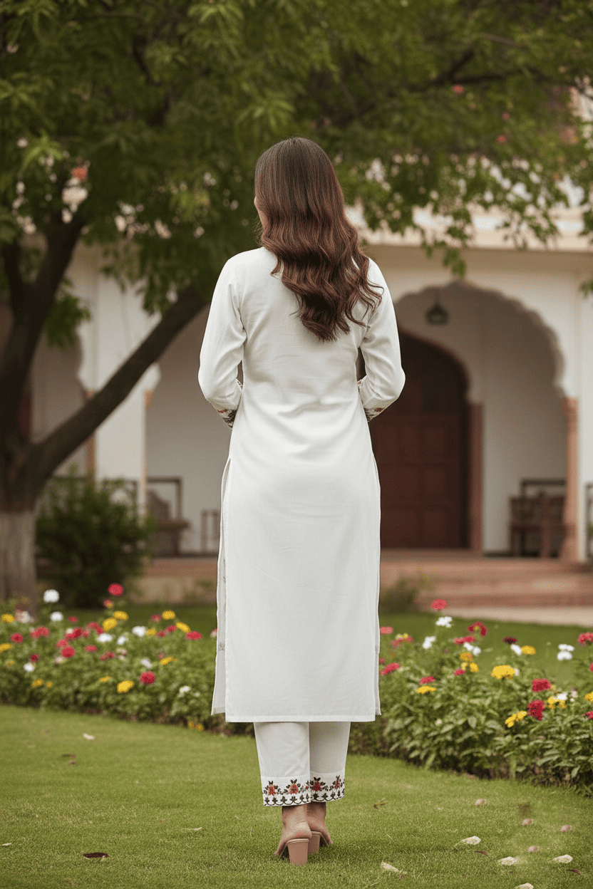 Elegant White Embroidered Kurta Set with Dupatta - Image 3