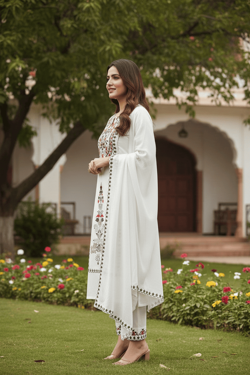 Elegant White Embroidered Kurta Set with Dupatta - Image 2
