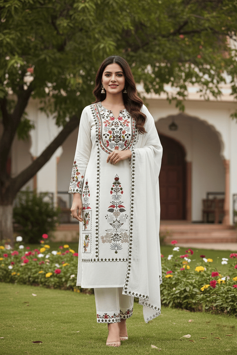 Elegant White Embroidered Kurta Set with Dupatta - Image 5