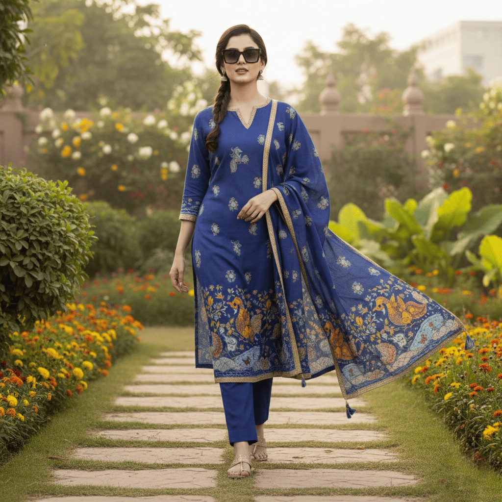 Elegant Royal Blue Printed Kurta Set with Dupatta - Image 6