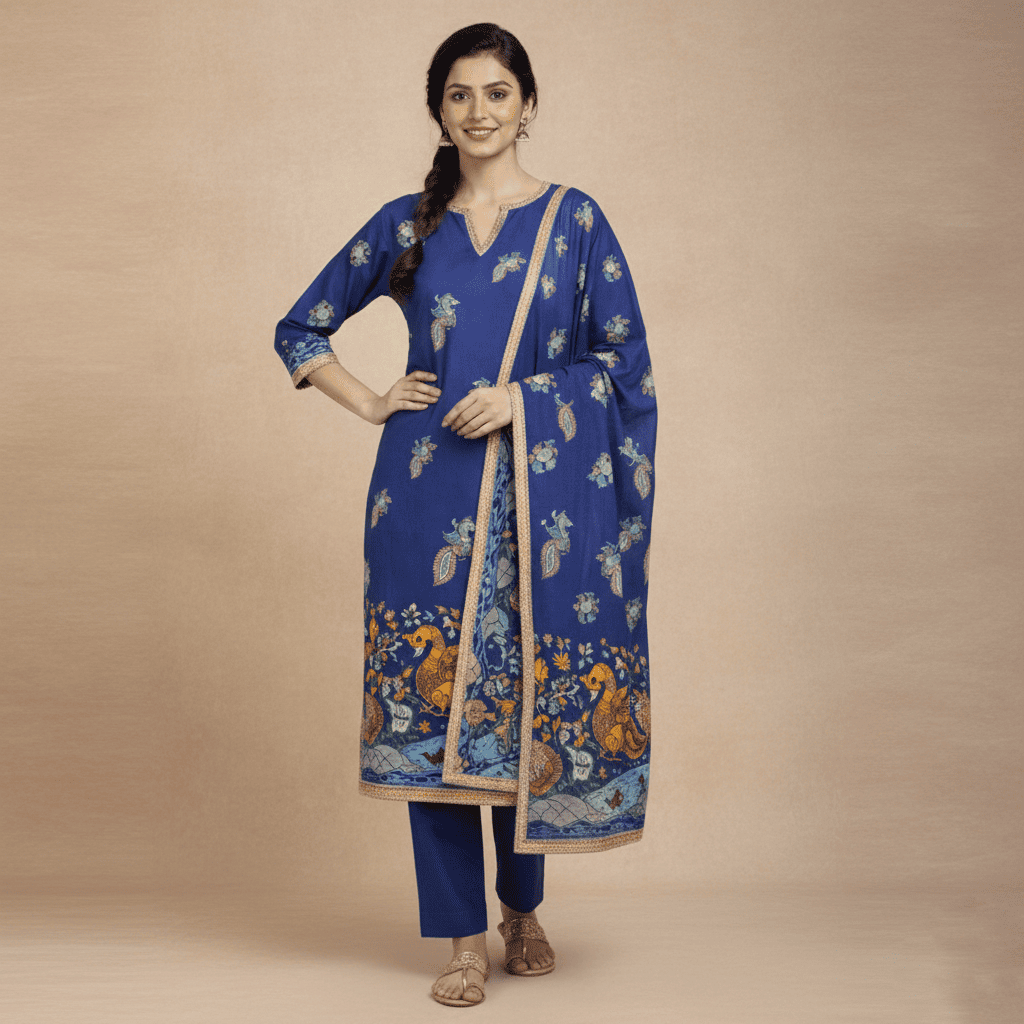 Elegant Royal Blue Printed Kurta Set with Dupatta - Image 4