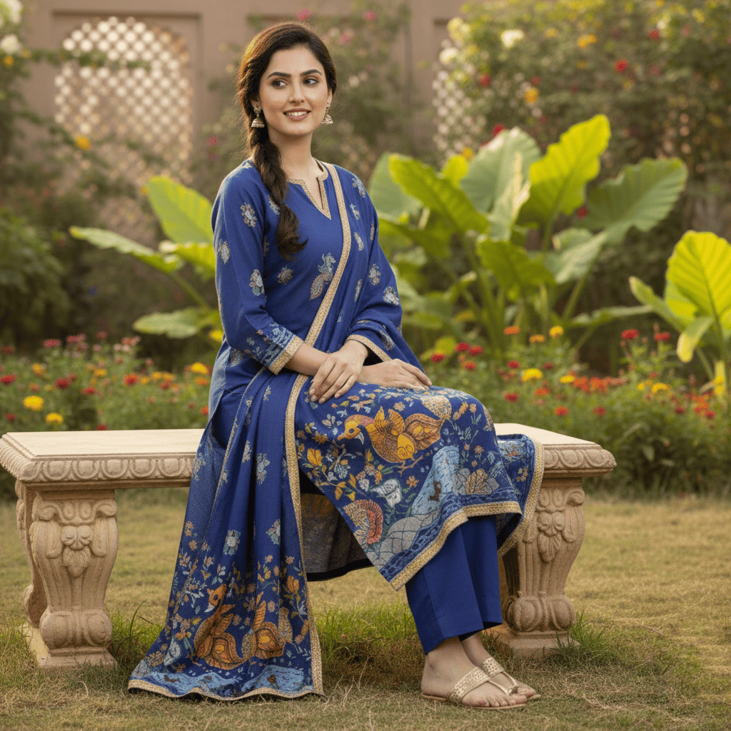 Elegant Royal Blue Printed Kurta Set with Dupatta - Image 3