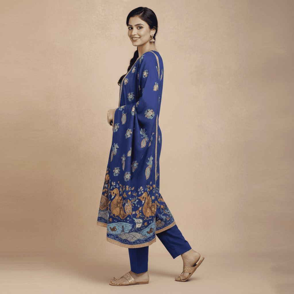 Elegant Royal Blue Printed Kurta Set with Dupatta - Image 2