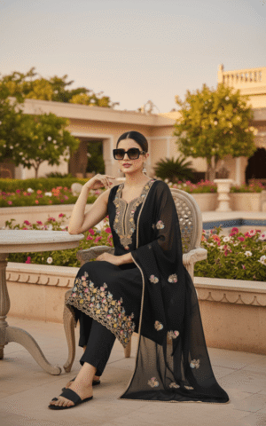 Luxury Black Embroidered Kurta Set with Dupatta
