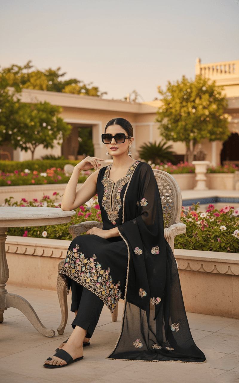 Luxury Black Embroidered Kurta Set with Dupatta