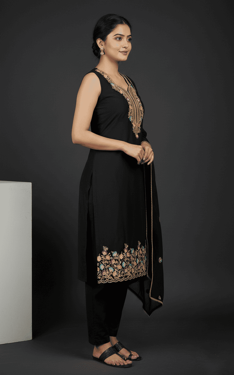 Luxury Black Embroidered Kurta Set with Dupatta - Image 3