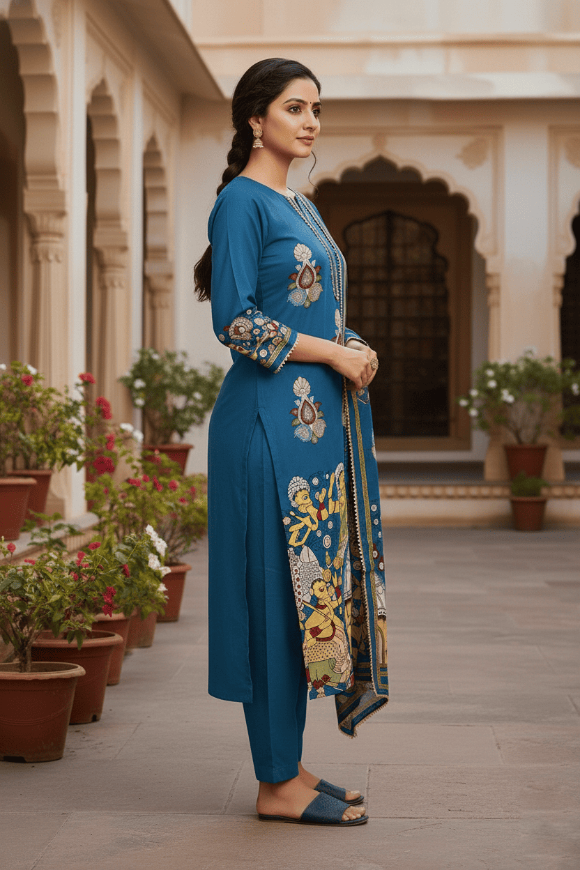 Royal Blue Heritage Printed Kurta Set with Dupatta - Image 5