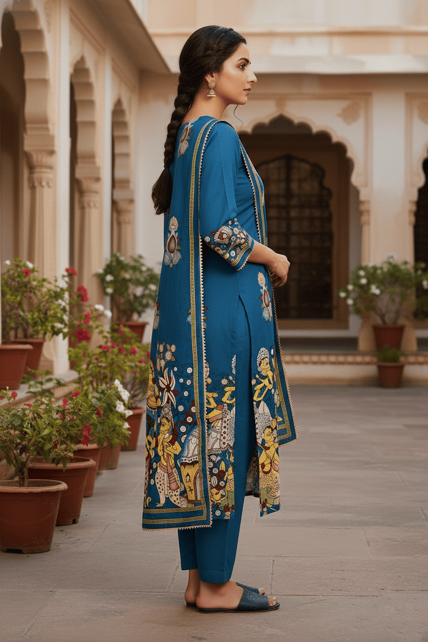 Royal Blue Heritage Printed Kurta Set with Dupatta - Image 4