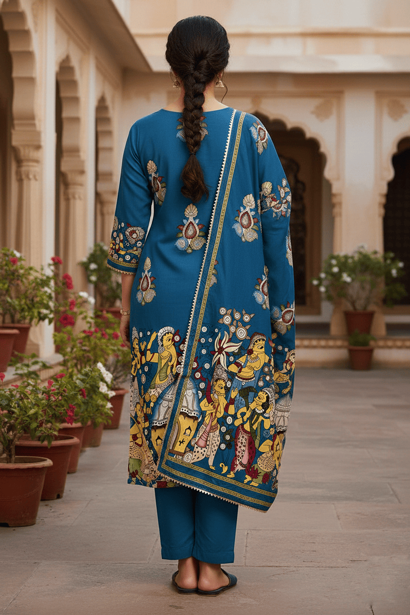Royal Blue Heritage Printed Kurta Set with Dupatta - Image 3
