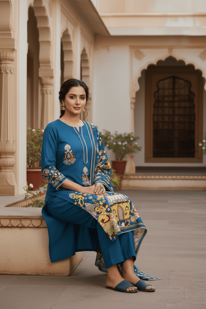 Royal Blue Heritage Printed Kurta Set with Dupatta - Image 2