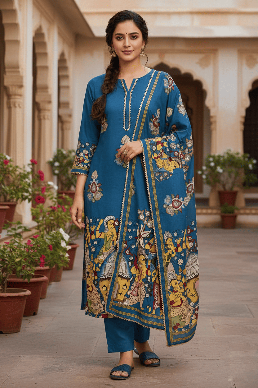 Royal Blue Heritage Printed Kurta Set with Dupatta