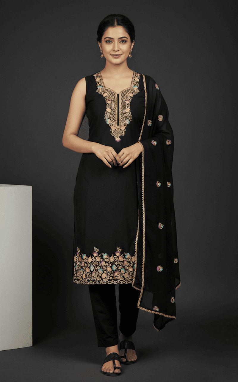 Luxury Black Embroidered Kurta Set with Dupatta - Image 2