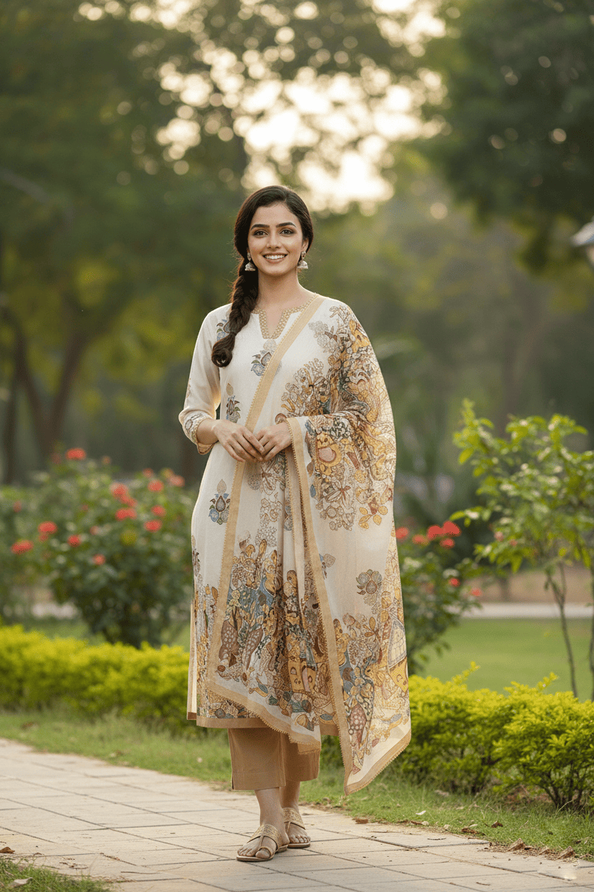 Elegant Cream Printed Kurta Set with Dupatta - Image 5