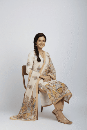 Elegant Cream Printed Kurta Set with Dupatta