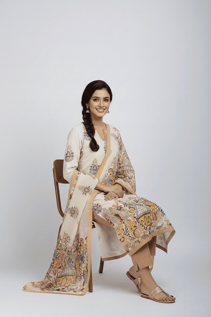 Elegant Cream Printed Kurta Set with Dupatta
