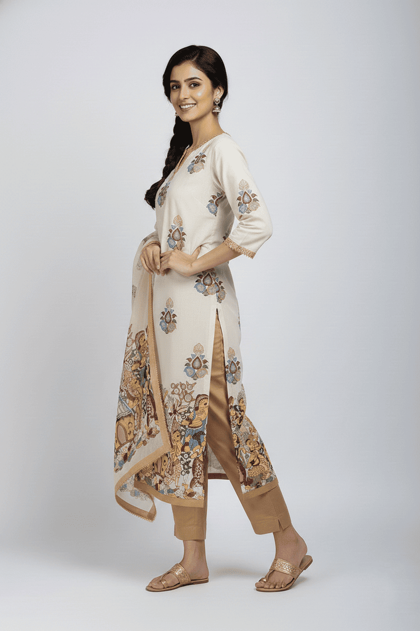 Elegant Cream Printed Kurta Set with Dupatta - Image 4