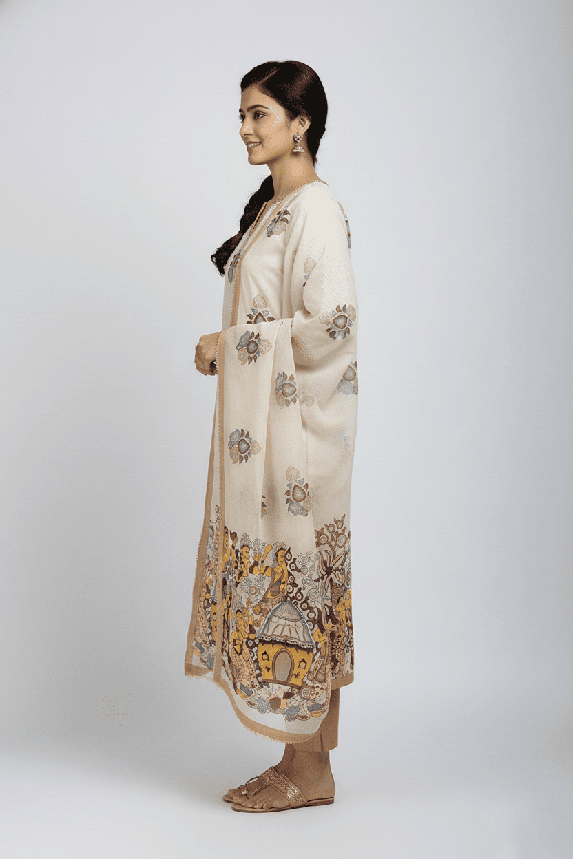 Elegant Cream Printed Kurta Set with Dupatta - Image 3